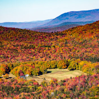 A Small Farm Surrounded By Trees In Vibrant Fall Color